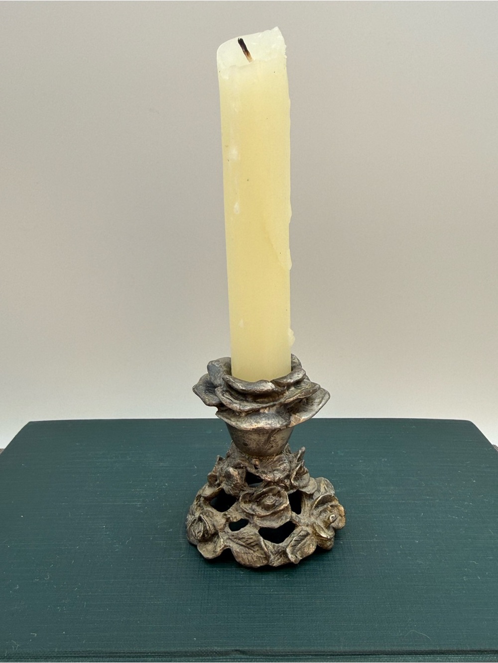 Vintage Rococo Rose Candlestick – Cast Pewter